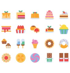 sweets and candy related wrapped chocolate, ice cream, cup ice cream, cup cake, cone ice cream, donuts, cakes, and cake slice vector in flat design