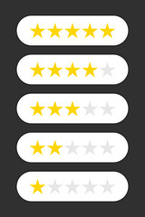 Five star rating. Rate status level. Different ranks from one to five stars. Golden and gray transparent stars. Template design for web or mobile app. Vector illustration