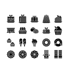 sweets and candy related wrapped chocolate, ice cream, cup ice cream, cup cake, cone ice cream, donuts, cakes, and cake slice vector in solid design