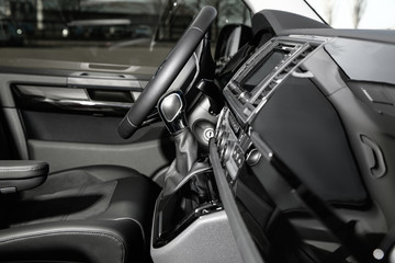 Closeup view of new modern car inside