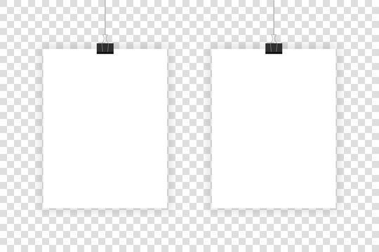 Two white realistic sheets hang on paper clips on a transparent background.