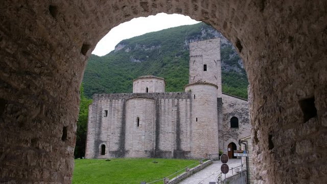 Ancona province local landmarks of Marche region Italy San Vittore Alle Chiuse abbey in Genga near Frasassi caves stone arc