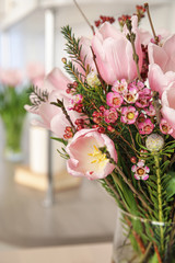 Beautiful bouquet with spring pink tulips, closeup