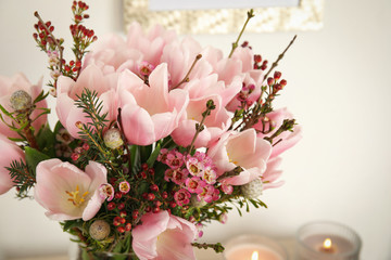 Beautiful bouquet with spring pink tulips, closeup - Powered by Adobe