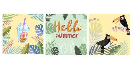 Set of summer illustrations. Vector illustration in cartoon style. Drawn tropics. Flat style drawings