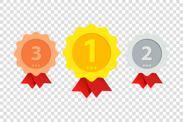 Three medals of the first, second and third places are shown on a transparent background. Gold, silver and bronze.