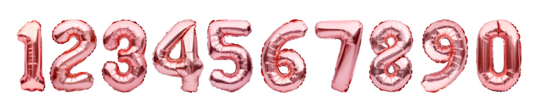 Set with pink golden foil balloons in shape of numbers isolated on white background. Numbers rose gold metallic inflatable balloons. Celebration, education, discount and sale or birthday concept