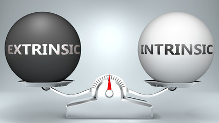 Extrinsic and intrinsic in balance - pictured as a scale and words Extrinsic, intrinsic - to symbolize desired harmony between Extrinsic and intrinsic in life, 3d illustration