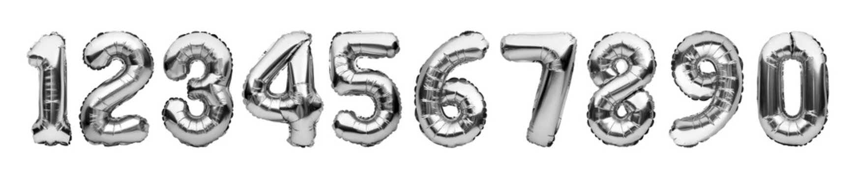 Set with silver foil balloons in shape of numbers isolated on white background. Numbers white gold metallic inflatable balloons. Celebration, education, discount and sale or birthday concept