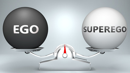 Ego and superego in balance - pictured as a scale and words Ego, superego - to symbolize desired harmony between Ego and superego in life, 3d illustration