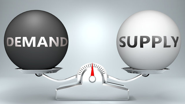 Demand and supply in balance - pictured as a scale and words Demand, supply - to symbolize desired harmony between Demand and supply in life, 3d illustration