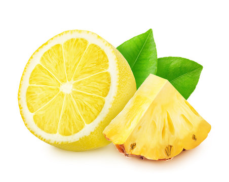 Composite image with cutted fruits: lemon and pineapple isolated on a white background. Healthy eating concept.
