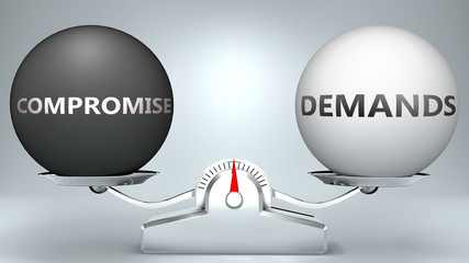 Compromise and demands in balance - pictured as a scale and words Compromise, demands - to symbolize desired harmony between Compromise and demands in life, 3d illustration