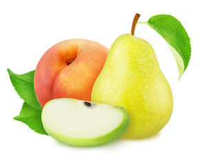 Composition with whole and cutted fruits: apple, peach and pear isolated on a white background.