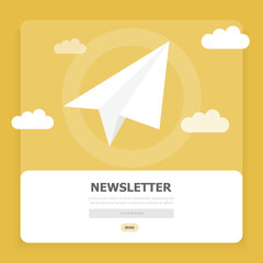 A window with a white plane and a subscription to news on the Internet on a yellow background.
