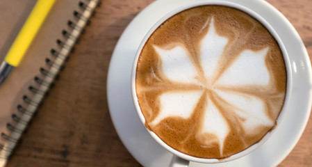 latte coffee photography latte art coffee flat lay top view decoration with notebook