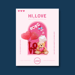 Love poster design with teddy bear, gift watercolor illustration.