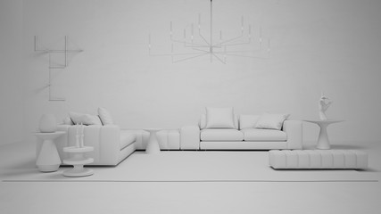 Total white project draft, living room with concrete plaster wall and floor, lounge with large sofa, side tables, carpet, wall and pendant lamps, expo interior design concept idea