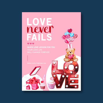 Love poster design with roses, teddy bear watercolor illustration.