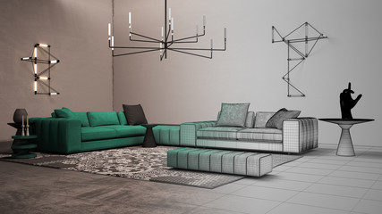 Architect interior designer concept: unfinished project that becomes real, living room with concrete plaster wall and floor, sofa, side tables, carpet, lamps, expo design concept idea