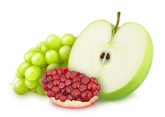 Composition with pomegranate, grape and apple isolated on a white background. Antioxidant concept.
