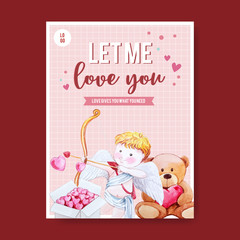 Love poster design with cupid, teddy bear watercolor illustration.