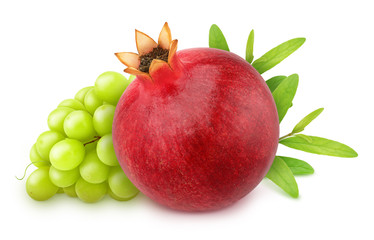 Composition with pomegranate, grape and apple isolated on a white background. Antioxidant concept.