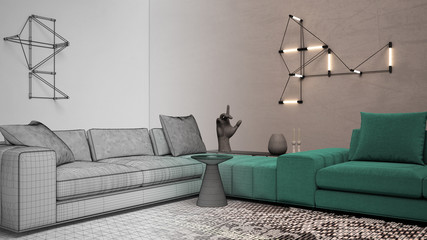 Architect interior designer concept: unfinished project that becomes real, living room with concrete plaster wall and floor, sofa, side tables, carpet, lamps, expo design concept idea