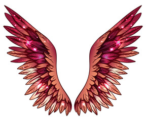 Beautiful magic glittery orange red phoenix wings, hand drawn vector