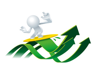 Cute little white Simplified man surfing on a wave like share market