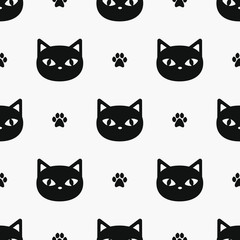 Obraz premium Vector seamless pattern with black cats and paws print; cute design for fabric, wallpaper, package, textile, web design.