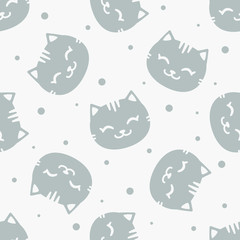 Vector seamless pattern with cute grey cats  funny design for fabric, wallpaper, package, textile, web design.