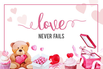 Love frame design with teddy bear, heart watercolor illustration.