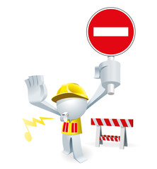 Cute little white Simplified man blow a whistle and holding a NO-ENTRY sign stop you at the under construction site