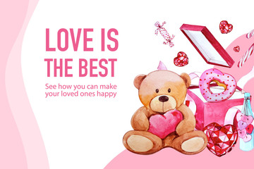 Love frame design with teddy bear, box, candy watercolor illustration.