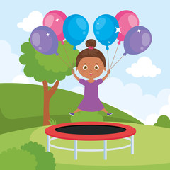 Obraz na płótnie Canvas little girl afro in trampoline jump with balloons helium in park landscape vector illustration design