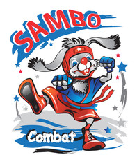 Rabbit athlete in a red hat, shorts and a blue kimono in a combat stance. Combat Sambo. Vector illustration.