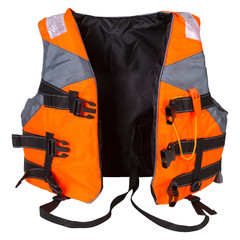orange life jacket, for rescue on the water, on a white background, unzipped, front location