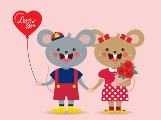 Valentine's day character flat design. Cartoon mouse couple holding hand with red heart balloon and bouquet isolated on pink background. 14 february vector illustration.