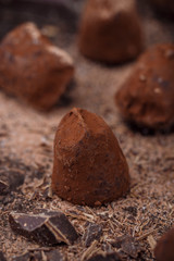 Homemade chocolate truffles on a dark background. Delicious gourmet candy. Selective focus