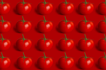 Ripe tomatoes, arranged in rows, seamless pattern, isolated on a red background. Collection for the site, Wallpaper. 