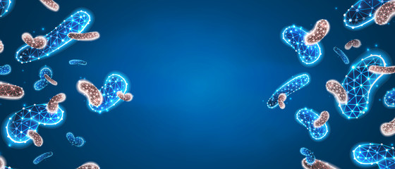 Bacteria probiotics. Digestion flora of humans. Medical allergy and immunity treatment concept. Abstract polygonal image on blue neon background. Low poly, wireframe, digital 3d vector illustration