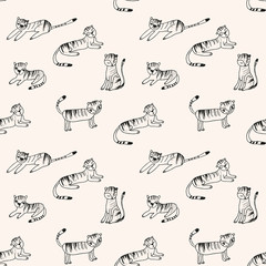 Obraz premium Cute little tigers vector seamless pattern. Drawing with cartoon wild cats with stripes and texture in black on pastel background.