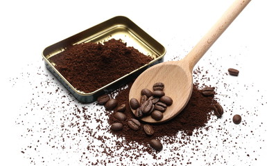 Coffee powder and beans for espresso with wooden spoon and packaging lid isolated on white background