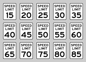 USA speed limit road sign set fro 15 to 85 mph - obrazy, fototapety, plakaty