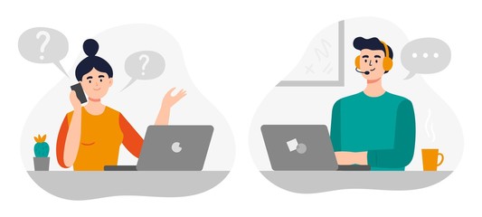 Cute girl and handsome man answer phone calls, chatting with customers and help clients. Flat Vector illustration on online customer service theme.