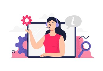 Beautiful girl answers phone calls, chatting with customers and help clients. Flat Vector illustration good for telemarketing, call centers, helpline or customer service. 