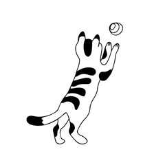 A  nice striped cat playing with a ball in doodle style. Hand drawn vector illustration in black ink on white background. Isolated picture for your design. 