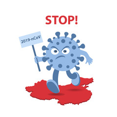 Coronavirus character walks on a map of China. The concept of stopping the MERS-CoV (Middle East respiratory syndrome coronavirus). 2019-nCoV. Vector illustration in flat style