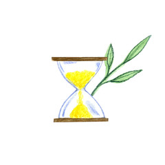 watercolor hourglass. Yellow sand. Clock.
